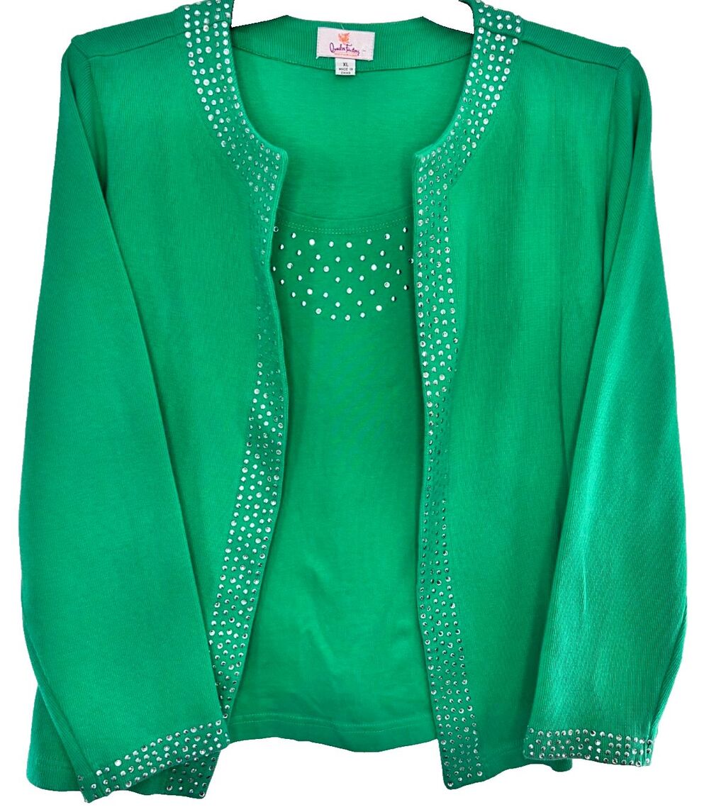 Quacker Factory faux two piece green tank/cardigan with silver embellishments XL